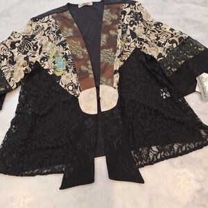 New Vtg Spencer Alexis Jacket Lg‎ Black Peacock Floral Lace Art Boho Kimono Wrap